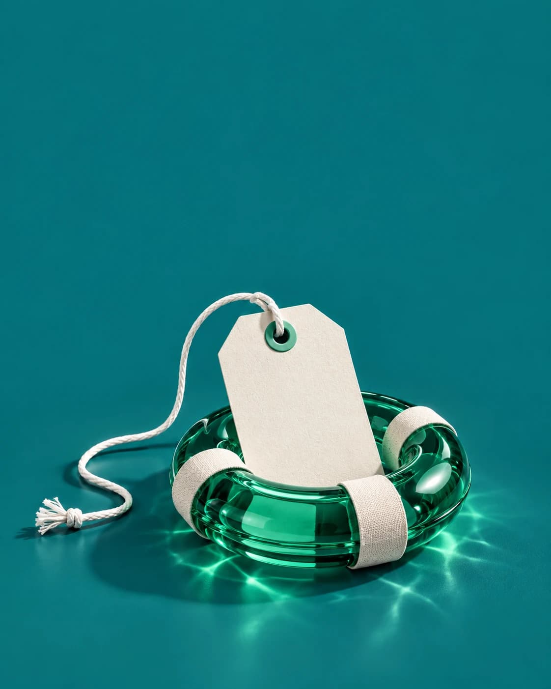 A glass life-preserver ring wrapped in canvas straps, with a blank tag tied to it, on an emerald ground