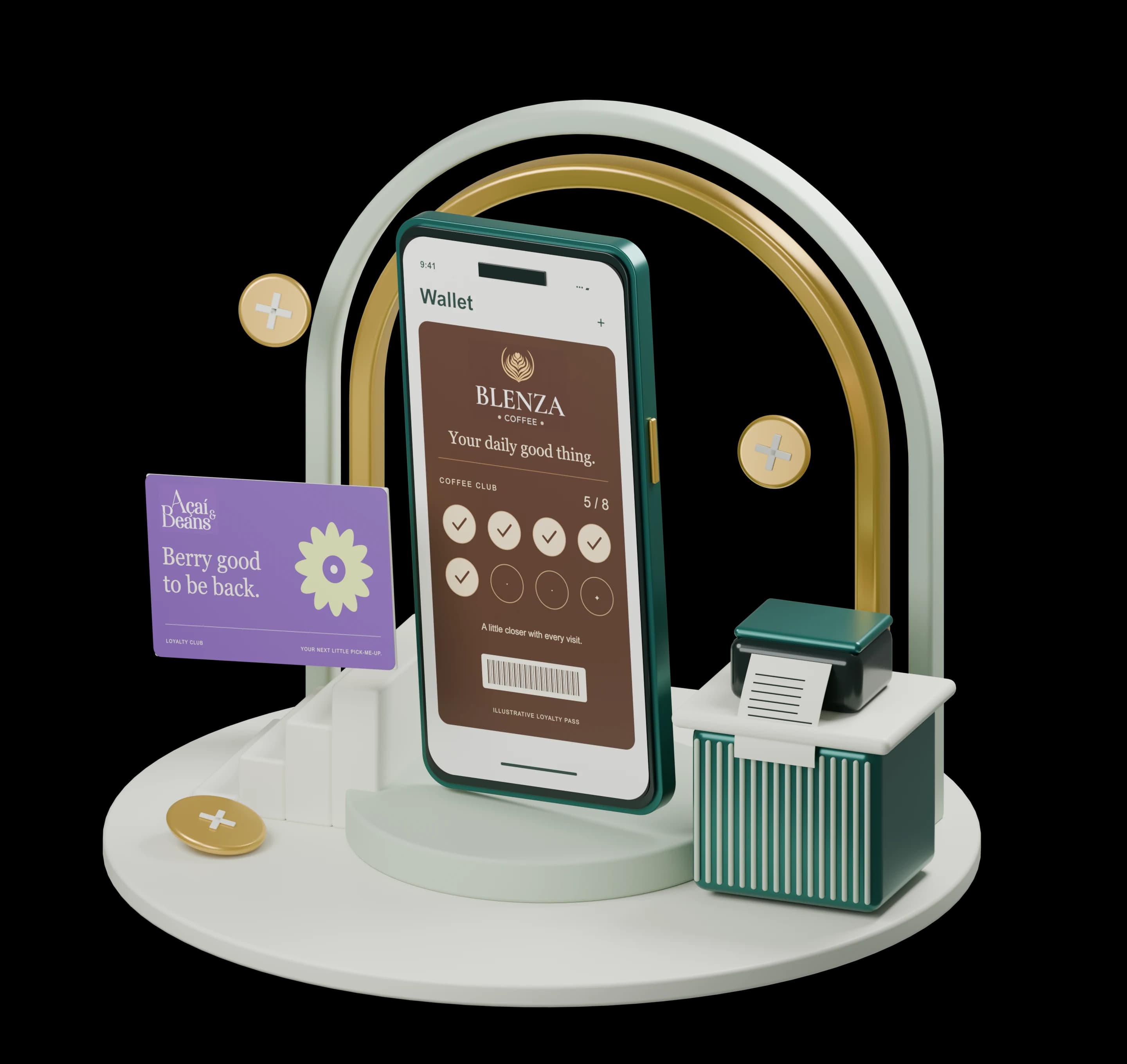 A custom sculpted loyalty counter with a Blenza wallet pass, Açaí & Beans card, receipt printer and brass architectural arch