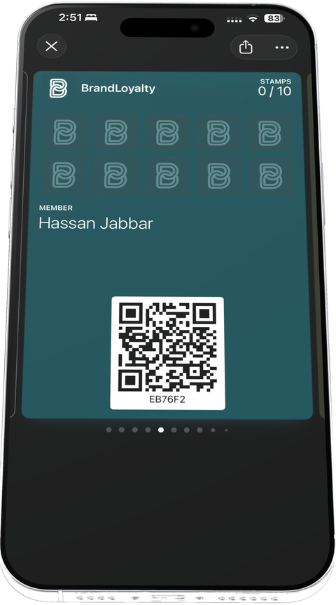 The real BrandLoyalty demo pass installed in Apple Wallet on an iPhone