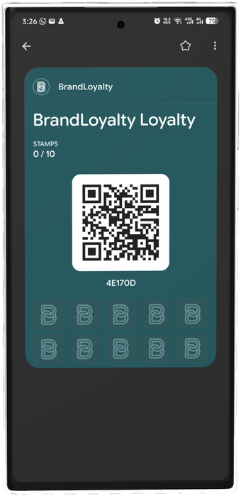 The real BrandLoyalty demo pass installed in Google Wallet on a Samsung phone