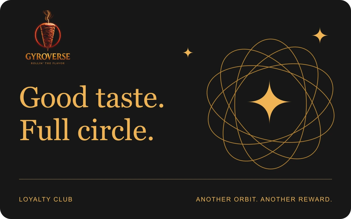 Gyroverse logo on an original illustrative loyalty card