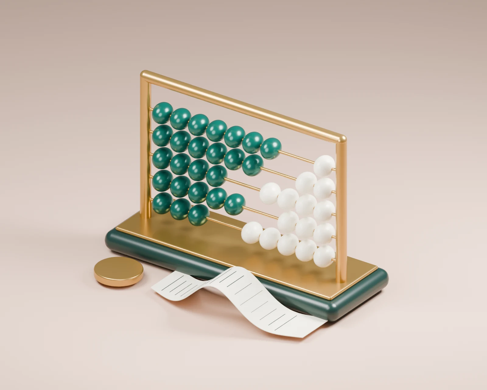 A brass sales abacus with teal and porcelain beads above a curled daily ledger.
