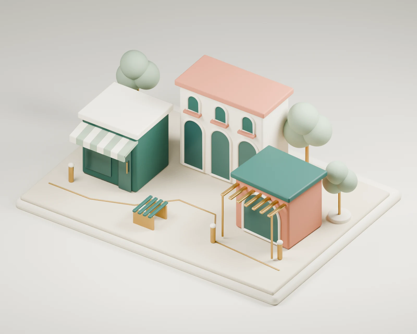 A miniature neighbourhood with a striped-awning café, a tall arched arcade and a terracotta pavilion, joined by a walkway with trees and a bench.