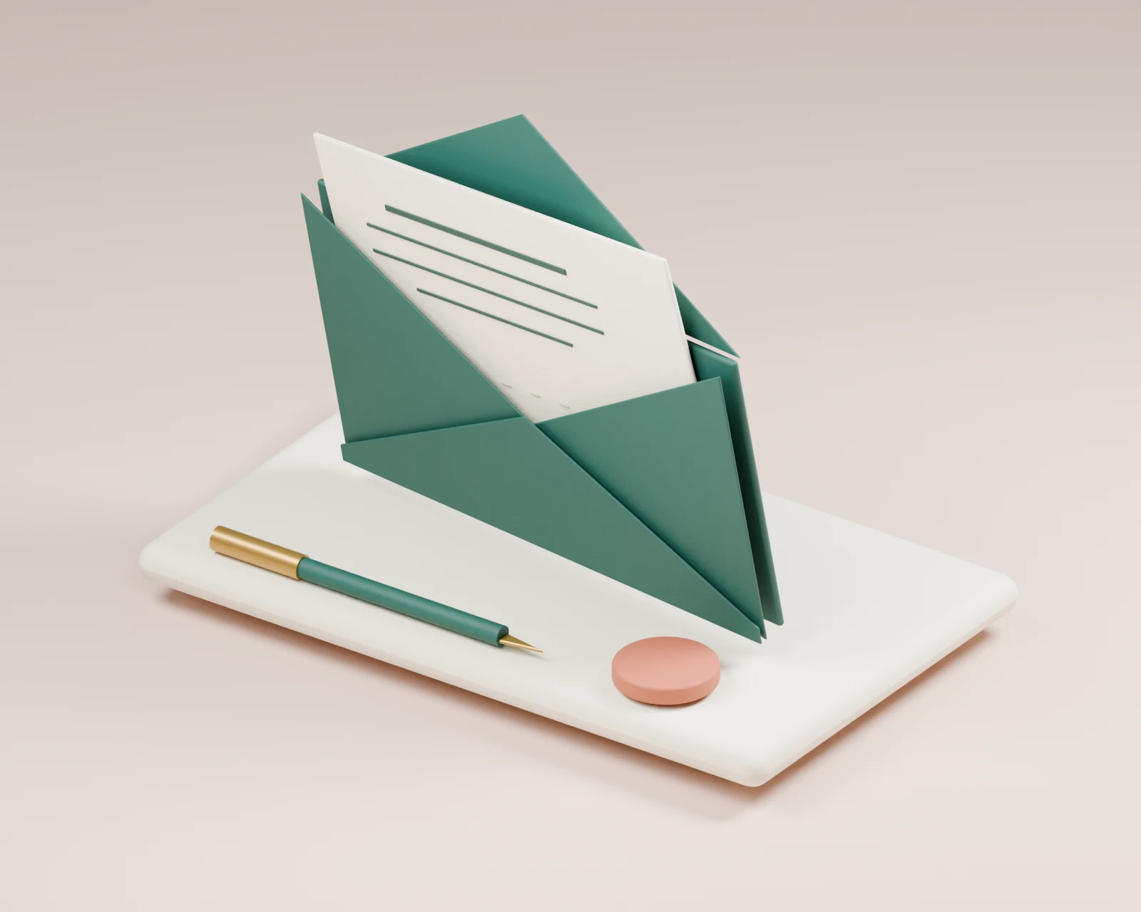 An open teal envelope holding an ivory invitation, with a brass fountain pen and an unmarked wax seal.